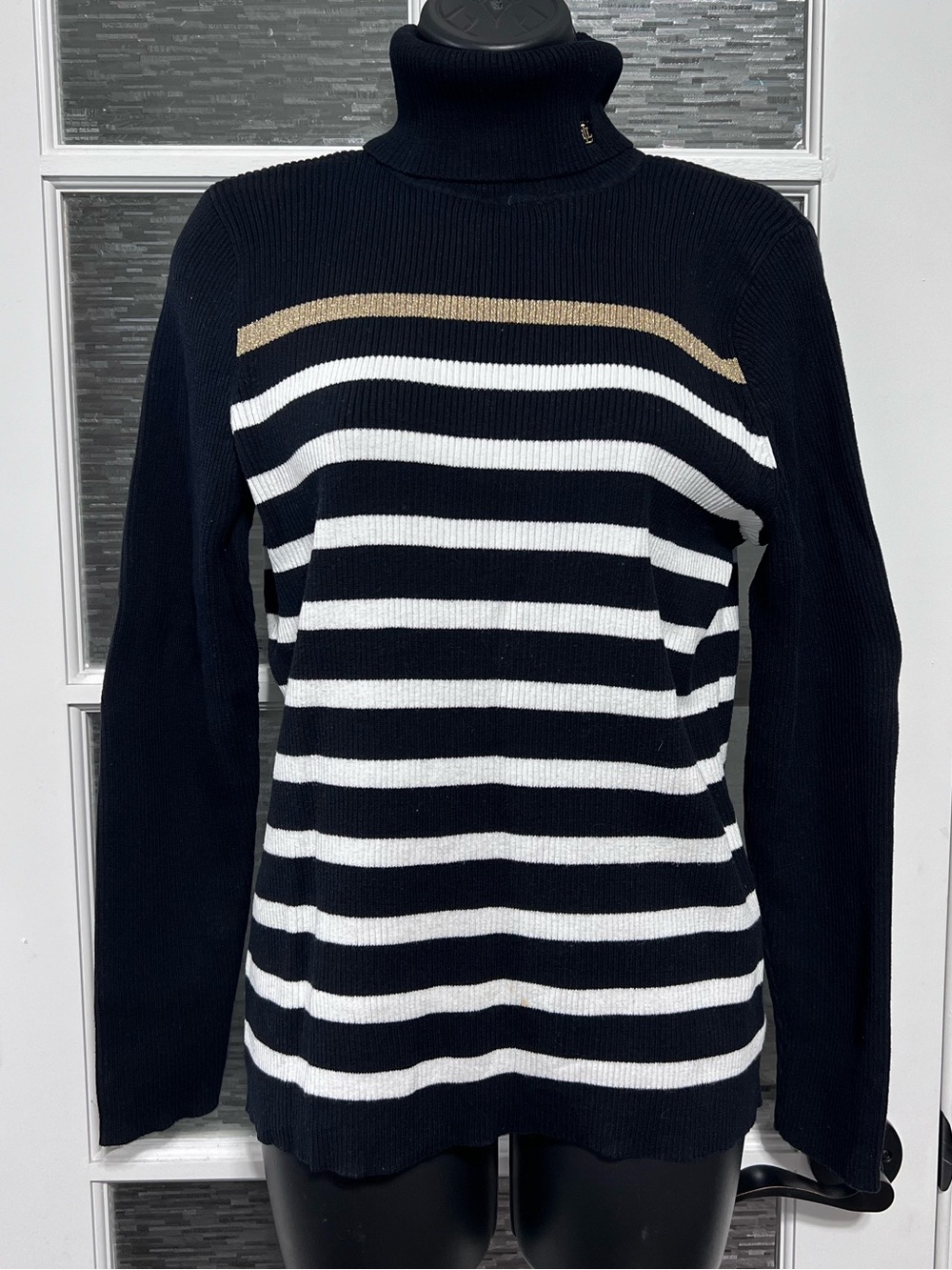 Ralph Lauren Black, White & Tan Striped Turtleneck Sweater